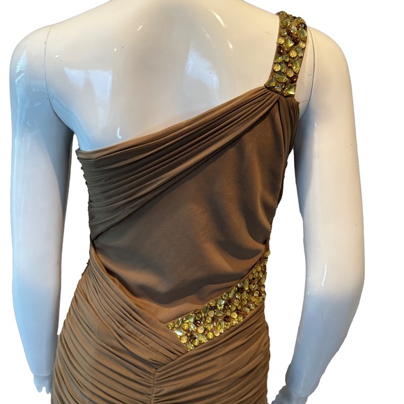 Terani Couture One-Shoulder Mini Dress 4 Nude Beaded Ruched Formal Gold Glam - Picture 4 of 7